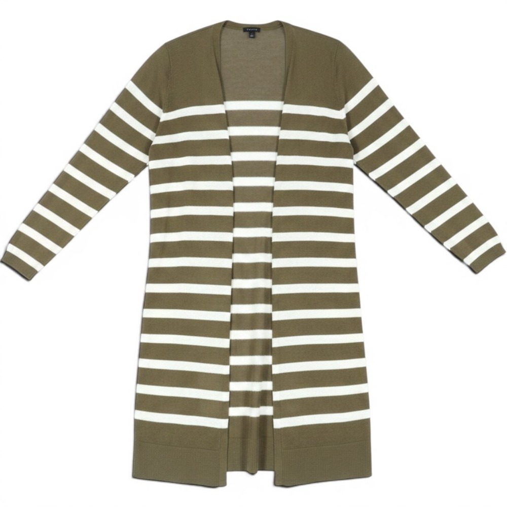 Talbots Open Front Linen Cardigan Women Large Olive Green Striped Longline Coast